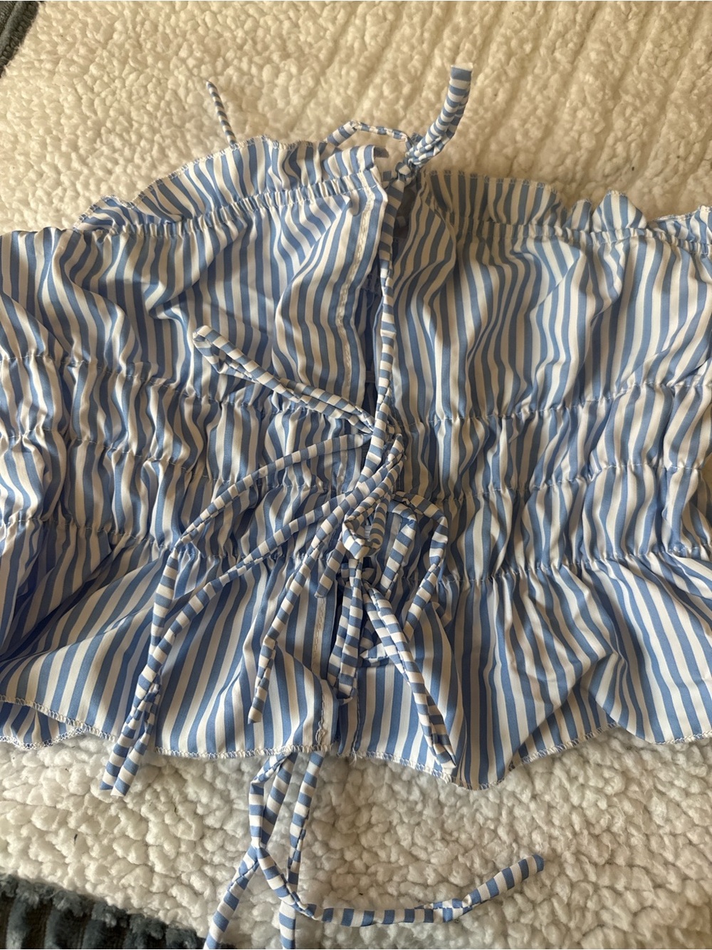 SHEIN Blue and White Striped Crop Top with Front Tie